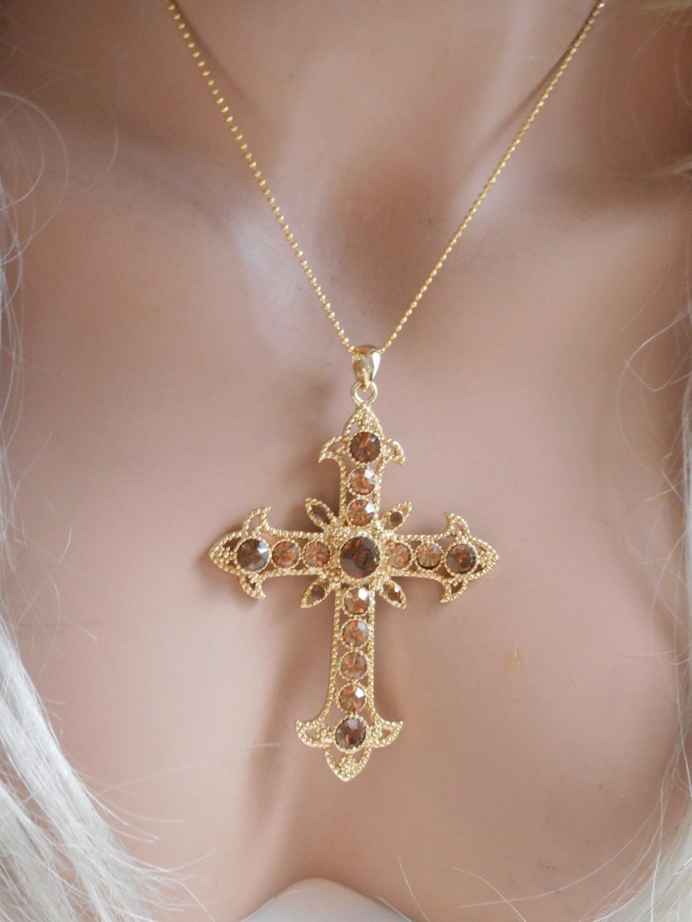 Large Cross Necklace Quality Amber Crystals Gold Plated